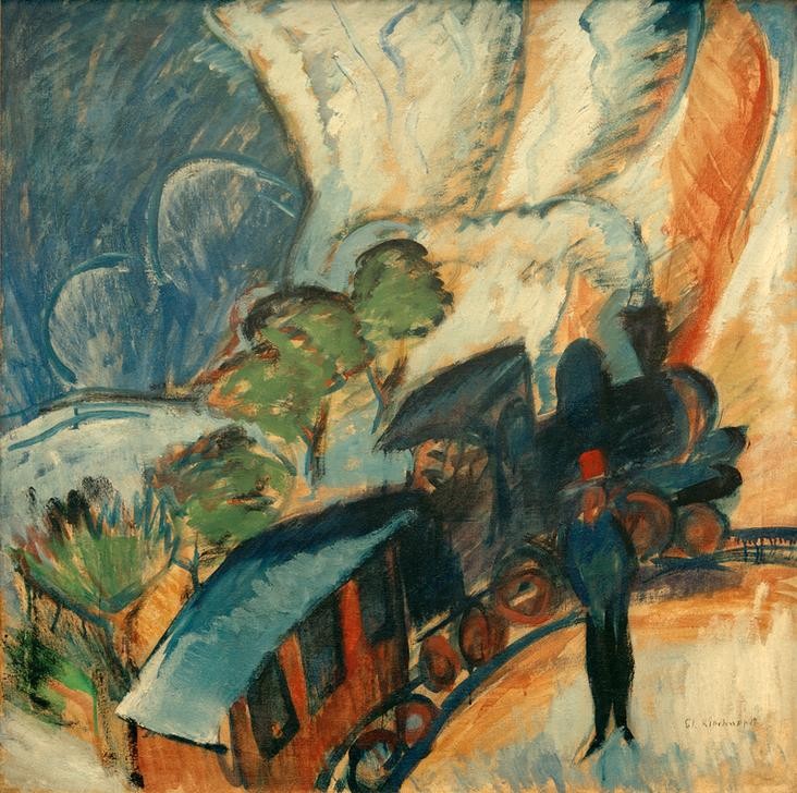 Ernst Ludwig Kirchner, Rhätische Bahn (Entartete Kunst,Deutsche Kunst,Eisenbahn,Gebirge,Kunstausstellung,Kunst,Landschaft,Lokomotive,Mann,Mensch,Nationalsozialismus,Verkehr,Expressionismus,Bahn,Die Brücke,Dampflokomotive,Bergbahn,Schienenverkehr,Signatur)