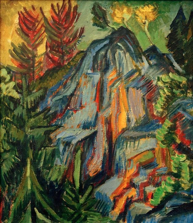 Ernst Ludwig Kirchner, Landschaft mit blauen Felsen und Wasserfall (Deutsche Kunst,Gebirge,Kunst,Landschaft,Wasser,Wasserfall,Baum,Expressionismus,Felsen,Die Brücke,Berg)
