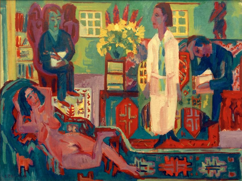 Ernst Ludwig Kirchner, Moderne Bohème (Deutsche Kunst,Frau,Gesellschaftliches Leben,Gesellschaft,Gruppenbild,Künstlerleben,Künstler,Kunst,Mann,Mensch,Akt,Expressionismus,Interieur,Die Brücke,Nacktheit,Boheme,Geselliges Beisammensein,Farbigkeit,Farbe)