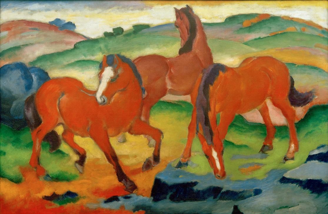 Franz Marc, Die roten Pferde (Weidende Pferde IV) (Biologie,Deutsche Kunst,Kunst,Landschaft,Pferd (Tier),Weide,Zoologie,Expressionismus,Der Blaue Reiter,Tierleben,Tier,Fressen,Rot,Weiden,Farbigkeit,Farbe)