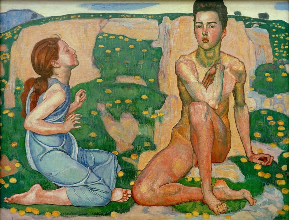 Ferdinand Hodler, Der Frühling (Frau,Jahreszeiten,Jugend (Lebensalter),Jugendstil,Kunst,Landschaft,Lebensalter,Liebe,Liebe Und Ehe,Liebespaar,Mann,Mensch,Symbolismus,Frühling,Akt,Portrait,Jungfrau,Wiese,Jüngling,Schweizerische Kunst,Im Freien (Allgemein),Paar,Pubertät,Profil,Blume,Sitze)