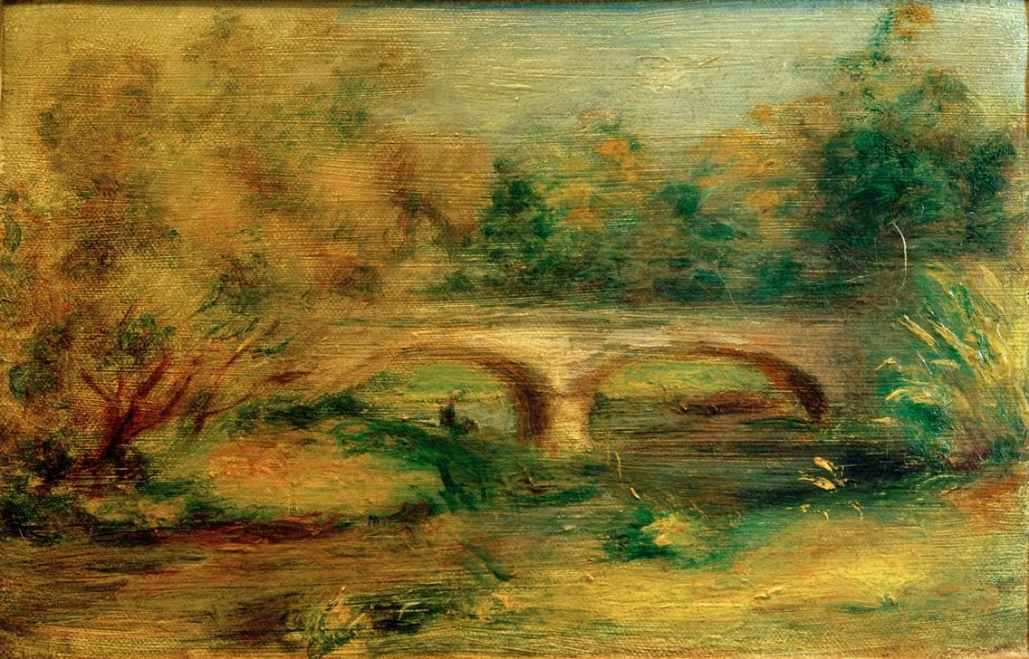 Pierre-Auguste Renoir, Paysage auvec un pont (Architektur, Brücke, Fluss,   Landschaftsmalerei, Impressionismus, klassische Moderne, Wunschgröße, Wohnzimmer, Malerei)