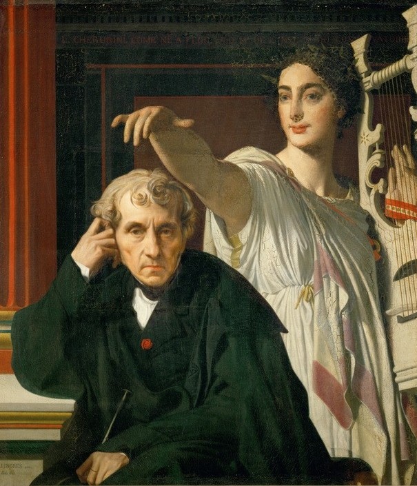 Jean-Auguste-Dominique Ingres, Cherubini und die Muse (Komponist,Mann,Musik,Mythologie,Musen,Leier,Klassizismus,Allegorie,Portrait,Inspiration,Französische Kunst,Person,Griechisch-Römische Mythologie)