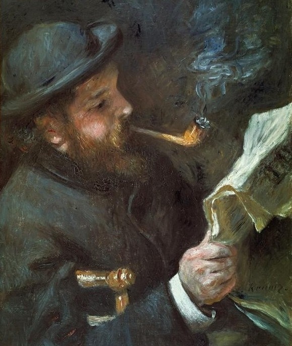 Pierre-Auguste Renoir, Claude Monet (Portrait, Persönlichkeiten, Künstler, Maler, Claude Monet, Pfeife rauchend, Zeitung lesen, Alltagsszene, Impressionismus, klassische Moderne, Wunschgröße, Wohnzimmer, Malerei)