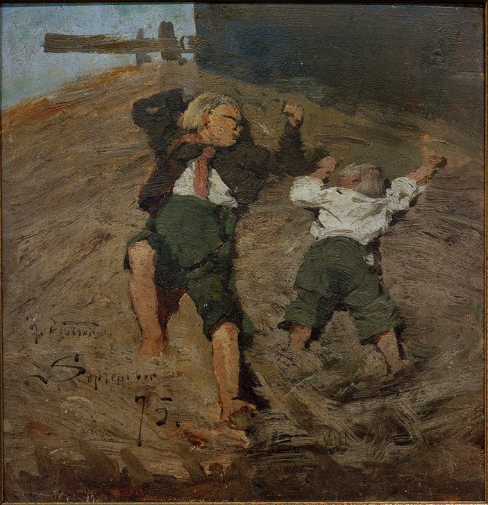 Hans Peter Fedderson, Knaben im Stroh (Kinder, Knaben, ausruhen, Stroh, rustikal, bäuerlich, Expressionismus, Wunschgröße, Wohnzimmer, Klassiker)