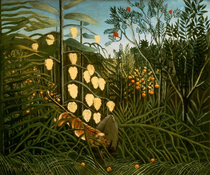 Henri Rousseau, Im tropischen Wald. Kampf zwischen einem Tiger und einem Bü (Dschungel, Bäume, Jaguar, Raubkatze, Pferd, Jagd, Kampf, Beute, magischer Realismus, Wunschgröße, Wohnzimmer, Treppenhaus, Malerei, klassische Moderne, bunt)