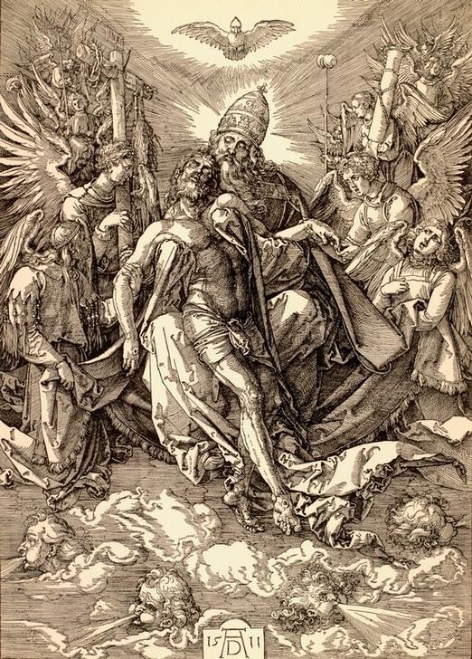 Albrecht Dürer, Die Heilige Dreifaltigkeit (Der Gnadenstuhl) (Christentum,Deutsche Kunst,Engel,Meteorologie,Religion,Taube,Neues Testament,Bibel,Leidenswerkzeuge Christi,Gottvater,Dreifaltigkeit,Wind,Gnadenstuhl,Windgott,Himmelsrichtung)