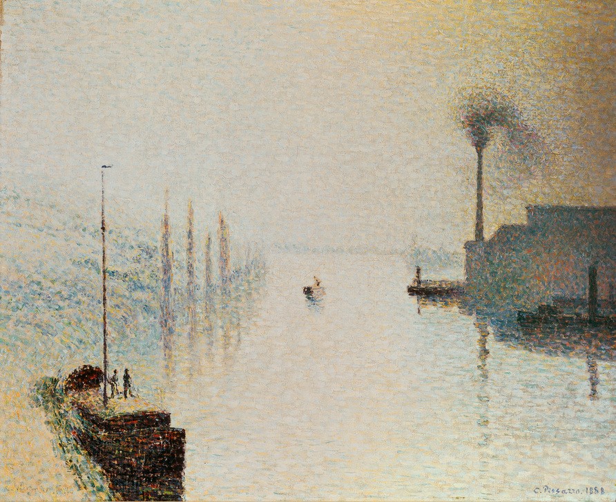 Camille Pissarro, Isle Lacroix in Rouen im Nebel (Geographie,Hafen,Meteorologie,Impressionismus,Nebel,Französische Kunst,Topographie,Privatsammlung)