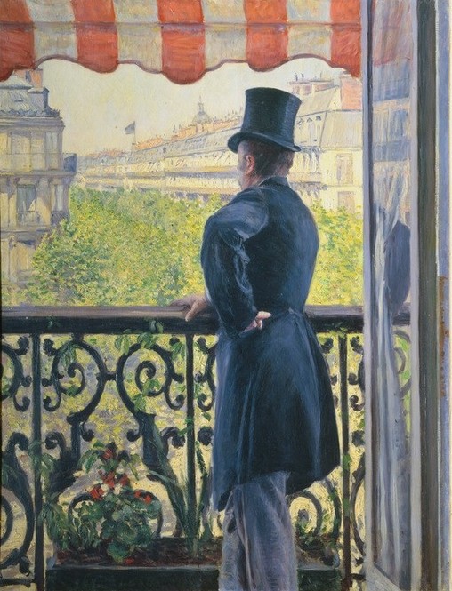 Gustave Caillebotte, Homme au balcon, Boulevard Haussmann (Architektur,Balkon,Fenster,Herrenmode,Mann,Mode,Freizeit,Wohnung,Zylinder (Hut),Impressionismus,Portrait,Langeweile,Rückenfigur,Stadtansicht,Blick Aus Dem Fenster,Französische Kunst,Gehrock,Kleidung (Allgemein),Aus Dem Fenster Sehen)