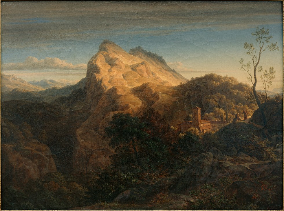 Ernst Fries, Abendliche Landschaft bei Olevano  (Landschaft, Landschaftsmalerei, Berge, Felsen, Kirche, Italien,   Klassiker, Wohnzimmer,   Malerei, Romantik, Wunschgröße, bunt)