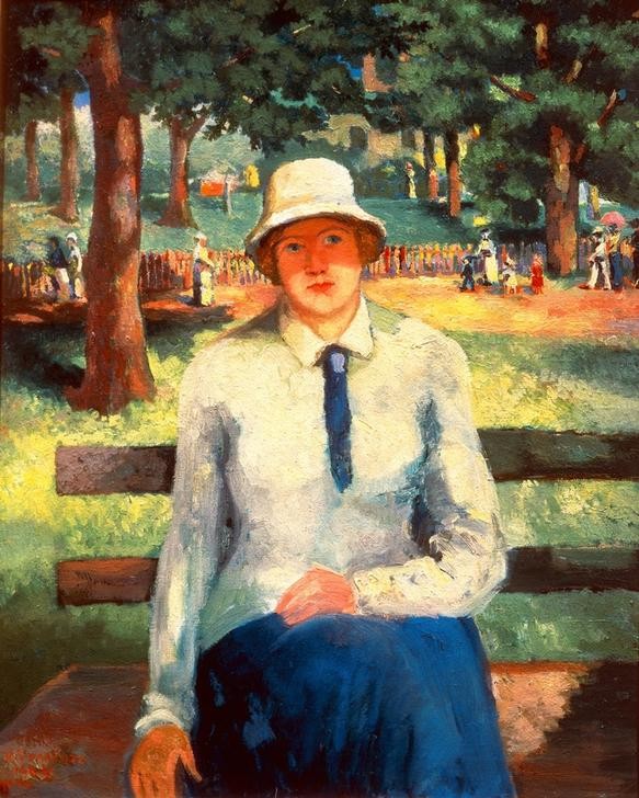 Kasimir Malewitsch, Mädchen ohne Arbeit (Damenmode,Frau,Garten Und Park,Jugend (Lebensalter),Mädchen,Menschen Im Park,Bank (Sitzgelegenheit),Freizeit,Krawatte,Hut,Portrait,Einsamkeit,Russische Kunst,Bluse,Nichtstun,Arbeitslosigkeit)