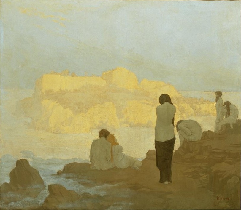 Georg Kolbe, Die Goldene Insel (Insel,Deutsche Kunst,Jugendstil,Kunst,Landschaft,Mensch,Freizeit,Seebad,Sehnsucht (Gefühl),Meer,Symbolismus,Akt,Reise,Utopie,Rückenfigur,Paar,Jahrhundertwende,Gefühl (Stimmung),Zukunftsvision)