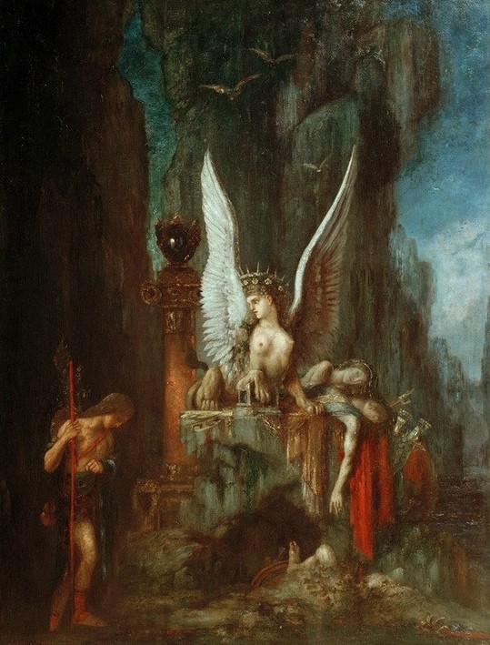 Gustave Moreau, Oedipe voyageur ou L’egalite devant la mort (Mythologie,Sphinx,Symbolismus,Femme Fatale,Fabelwesen,Französische Kunst,Griechisch-Römische Mythologie)