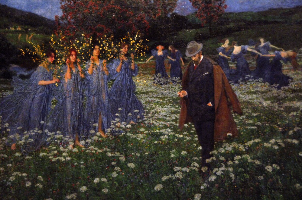 Maximilian Lenz, Eine Welt (Mann, elegant, Spaziergang, nachdenklich, Natur, Frühling, Jahreszeit, tanzende Frauen, Symbolismus, Wunschgröße, Klassische Moderne, Wohnzimmer, bunt)