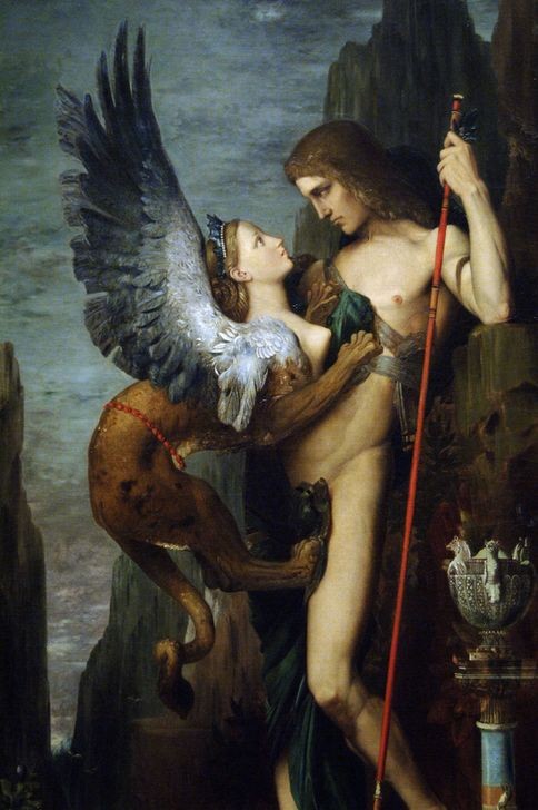 Gustave Moreau, Oedipus and the Sphinx (Bilder,Erotik,Figurine,Frau,Griechische Kunst,Jugend (Lebensalter),König,Kunst,Mädchen,Mann,Museum,Mythologie,Religion,Sphinx,Tod,Wasser,Alter,Akt,Fantasy,Klerus,Jünger,Teufel,Galerie,Ungeheuer,Rätsel,Kader,Kontinent,Nacktheit,Knabe,Figur,Tier,Unheimlich,)