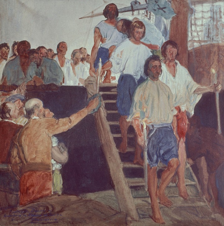Elias Salaverria, Unbekannt (Boot, Schiff, Matrosen, Entdecker, ausgemergelt, müde, Rückkehr, Wunschgröße, Realismis, Wohnzimmer)