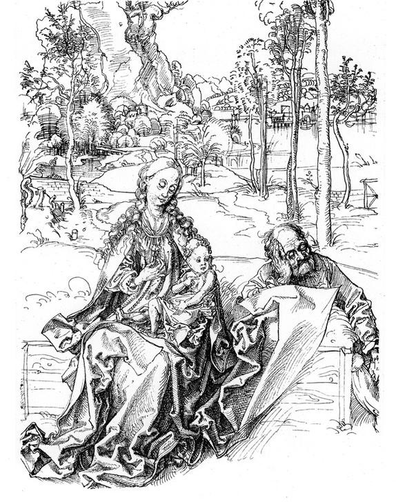 Albrecht Dürer, Die heilige Familie (Christentum,Deutsche Kunst,Religion,Heilige Familie,Maria Mit Kind,Neues Testament,Bibel,Ruhe Auf Der Flucht)