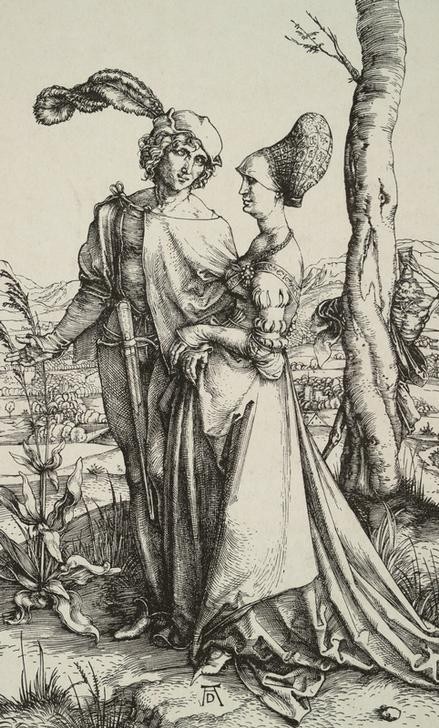Albrecht Dürer, Edelmann und Dame beim Spaziergang (Damenmode,Deutsche Kunst,Herrenmode,Liebe Und Ehe,Liebespaar,Mensch,Mode,Spaziergang,Tod,Totentanz,Gotik,Ehebruch)