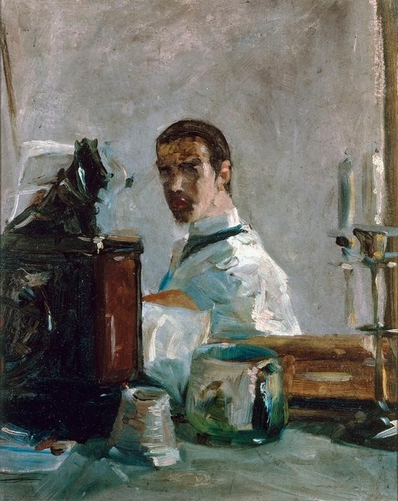 Henri de Toulouse-Lautrec, Henri de Toulouse-Lautrec par lui-même (Autoportrait devant (Jugend (Lebensalter),Künstler,Maler (Künstler),Mann,Impressionismus,Selbstbildnis,Portrait,Französische Kunst,Person)