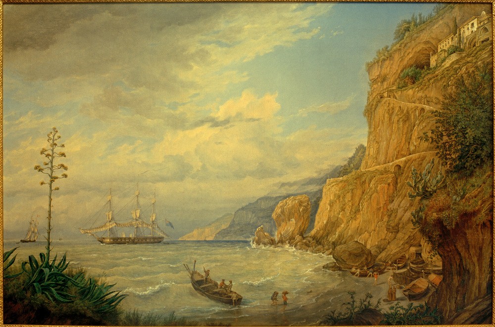Friedrich Thöming, Unbekannt (Landschaft, Landschaftsmlerei, Küste, Meer, Segelschiff, Dreimaster, Meer, Maritim, Klassiker, Wunschgröße, Wohnzimmer)
