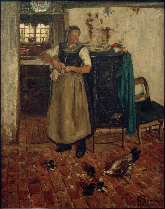 Hans Peter Fedderson, Friesin in der Küche (Genremalerei, Interieur, Hofleben, Küche, Frau, Hühner, bäuerlich, Impressionismus, Wunschgröße, Wohnzimmer, Klassiker)