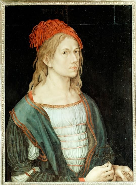 Albrecht Dürer, Selbstbildnis Dürers 1493 (Botanik,Deutsche Kunst,Eryngium,Grafiker,Kopfbedeckung,Künstler,Kupferstecher,Maler (Künstler),Mann,Selbstbildnis,Renaissance,Hand,Portrait,Brautwerbung,Männertreu,Bräutigam,Person,Blume Als Symbol,Holzschneider)