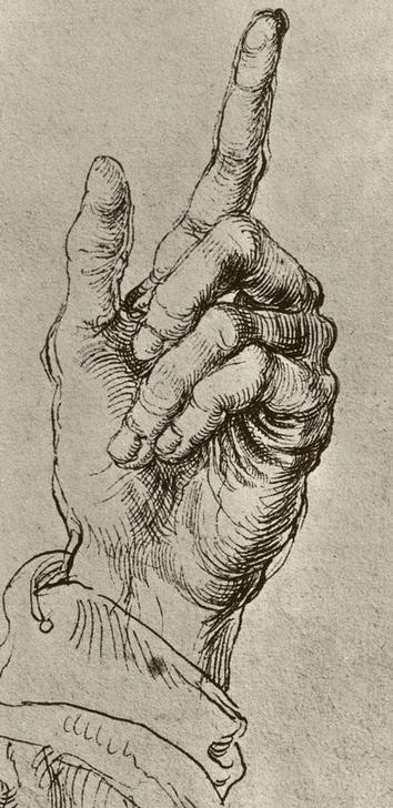 Albrecht Dürer, Studienblatt mit drei Händen (Deutsche Kunst,Kunst,Mensch,Renaissance,Hand,Gestik,Studie,Zeigefinger,Zeichensprache,Ausschnitt)