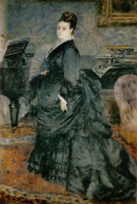 Pierre-Auguste Renoir, Portrait de femme (Portrait, Ganzkörper, Dame, bürgerlich, schwarzes Kleid, Mode, Damenmode, Fächer,  Klavier, Interieur,  Impressionismus, klassische Moderne, Wunschgröße, Wohnzimmer, Malerei)