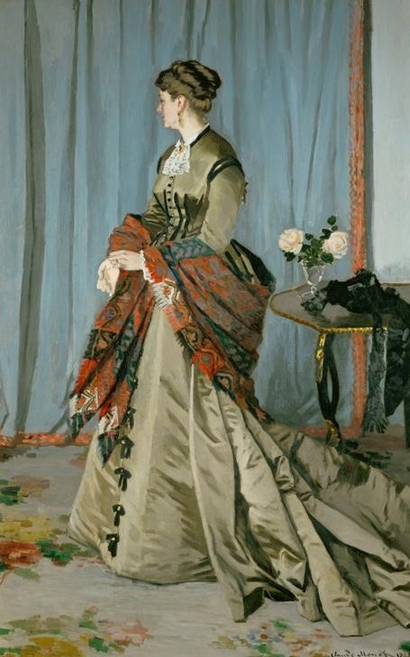 Claude Monet, Madame Louis Joachim Gaudibert (Damenmode,Frau,Mode,Rose,Teppich,Impressionismus,Portrait,Stola,Interieur,Bürgertum,Schultertuch,Französische Kunst,Vorhang,Kleid,Kleidung (Allgemein),Blume,Geblümt,Ganzfigurig,Faltenwurf,Taftseide)