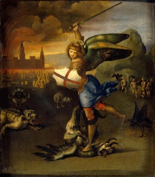 Raffael, Der Erzengel Michael im Kampf mit dem Drachen (Christentum,Engel,Feuer,Krieg,Religion,Säbel,Schwert,Waffe,Renaissance,Schlacht,Neues Testament,Bibel,Teufel,Erzengel,Märtyrer,Italienische Kunst,Apokalypse,Kampf,Gut Und Böse,Tier,Setztartsche,Rundschild,Drache (Fabelwesen),Vier Elemente)