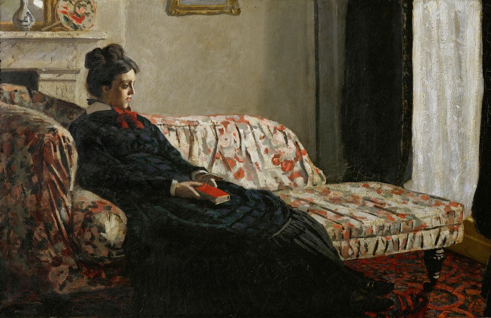 Claude Monet, Meditation. Madame Monet au canapé (Buch,Frau,Möbel,Impressionismus,Trauer,Ehefrau Von Berühmten,Portrait,Nachdenken,Lesen (Allgemein),Künstlerfrau,Sofa,Französische Kunst,Traurigkeit,Sitzen,Gefühl (Stimmung),Erregung,Person,Couch)
