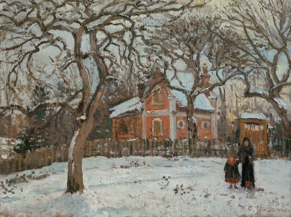 Camille Pissarro, Chataigniers à Louveciennes (Jahreszeiten,Kastanie,Landschaft,Park,Wetter,Winter,Impressionismus,Schnee,Baum,Französische Kunst,Kälte,Kastanienbaum)