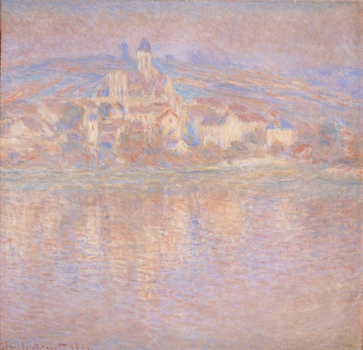 Claude Monet, Vetheuil, soleil couchant (Architektur,Dorf,Kirche,Landschaft,Sonnenuntergang,Wasser,Tageszeiten,Abend,Impressionismus,Fluss,Stadtansicht,Französische Kunst,Dämmerung,Jahrhundertwende,Vier Elemente)