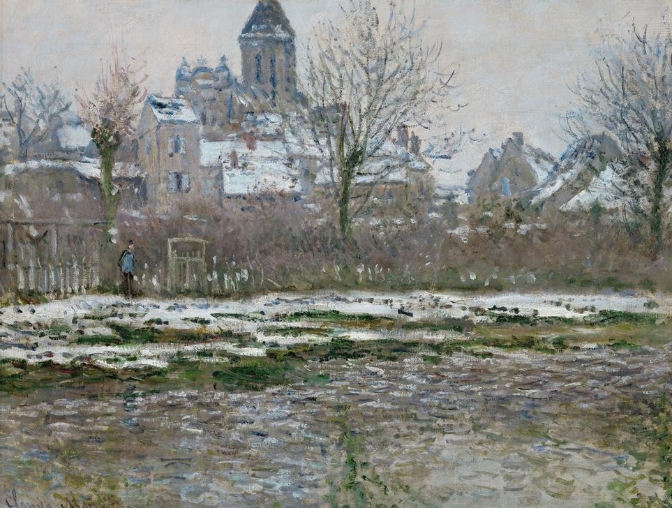 Claude Monet, Effet de neige à Vetheuil ou Eglise de Vetheuil (Architektur,Jahreszeiten,Kirche,Landschaft,Wasser,Wetter,Winter,Impressionismus,Schnee,Fluss,Stadtansicht,Französische Kunst,Kälte,Vier Elemente)