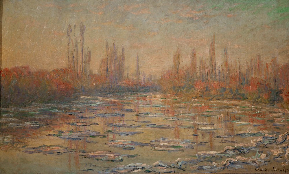Claude Monet, Les glaçons ou Débâcle sur la Seine (Jahreszeiten,Landschaft,Wasser,Wetter,Winter,Impressionismus,Fluss,Französische Kunst,Eisscholle,Eisgang,Kälte,Vier Elemente)