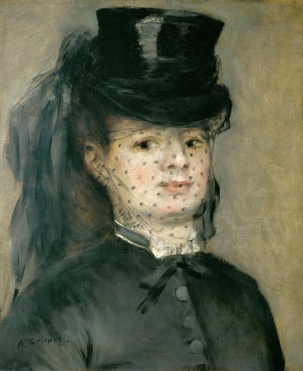 Pierre-Auguste Renoir, Madame Darras (Damenhut,Frau,Mensch,Pferd (Tier),Zylinder (Hut),Impressionismus,Reiter,Hut,Schleier,Portrait,Französische Kunst,Kleidung (Allgemein),Reiten,Mütze)