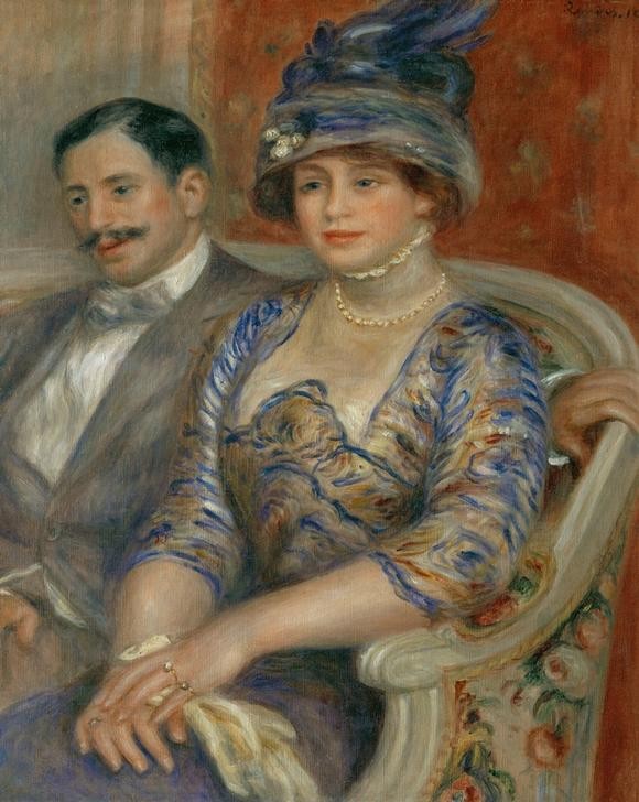 Pierre-Auguste Renoir, Monsieur et Madame Bernheim de Villers (Damenhut,Ehepaar,Mode,Möbel,Schmuck,Impressionismus,Hut,Portrait,Künstlerfrau,Bürgertum,Sofa,Französische Kunst,Paar,Kleidung (Allgemein),Sitzen,Person,Couch,Mütze)