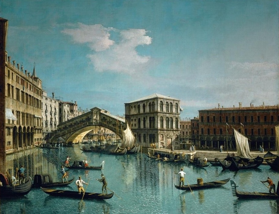 Giovanni Antonio Canaletto, Rialto-Brücke in Venedig (Architektur, Wunschgröße, Malerei, Venedig, Städte, Lagune, Canal Grande, Brücke, Rialto, Paläste, Boote, Alltag, Italien, Klassiker, Wohnzimmer, bunt)