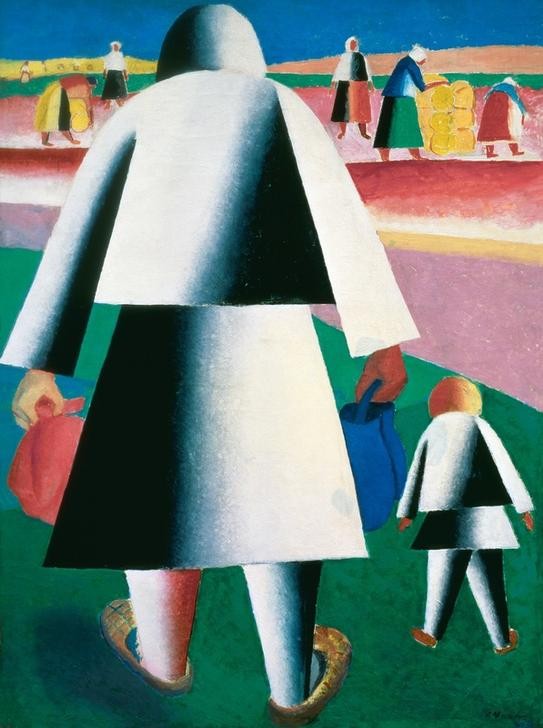 Kasimir Malewitsch, Bei der Ernte (Ernte,Familie,Frau,Mensch,Mutter Und Kind,Sowjetische Kunst,Volkskunde,Bäuerin,Russische Kunst,Rückenfigur,Einkauf,Landleben,Suprematismus,Ukrainische Kunst,Landbevölkerung,Landwirtschaft)