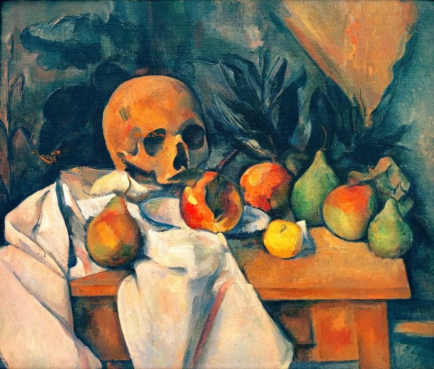 Paul Cézanne, Nature morte au crâne (Kunst,Obst,Tisch,Stillleben,Totenkopf,Französische Kunst,Birne)