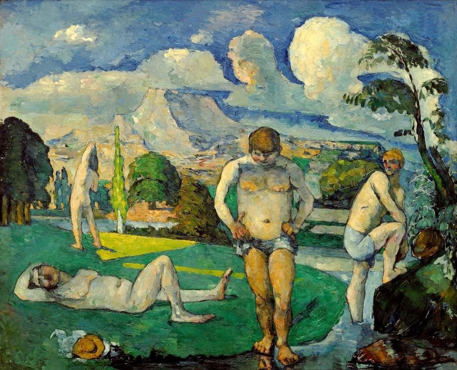 Paul Cézanne, Les baigneurs au repos (Bad im Freien, Bad, junge Männer, Fluss, Sonne, Freikörperkultur, Landschaft, Freizeit, Sommer, Impressionismus, Wunschgröße, Wohnzimmer, Klassiker,)