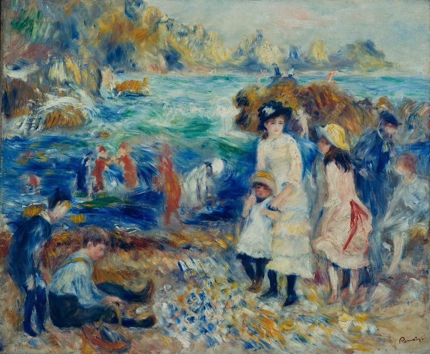 Pierre-Auguste Renoir, Enfants au bord de la mer à Guernsey (Kind,Landschaft,Freizeit,Seebad,Sommer,Strand,Meer,Impressionismus,Sommerurlaub,Französische Kunst,Kinderleben)