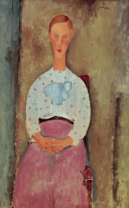 Amedeo Modigliani, Jeune fille au corsage a pois (Frau,Mensch,Portrait,Bluse,Italienische Kunst,Sitzen,Händefalten,Junge Frau)