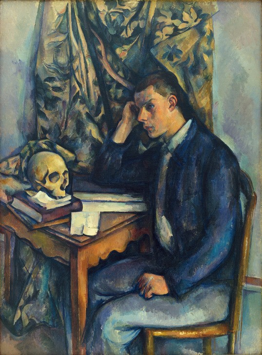 Paul Cézanne, Jeune homme à la tête de mort (Mann, Menschen, Tisch, Bücher, Portrait, Melancholie, Nachdenken, Totenkopf, Memento Mori, Impressionismus, Wunschgröße, Wohnzimmer, Klassiker,)