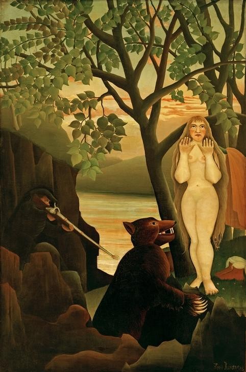 Henri Rousseau, Mauvaise surprise (Bär, nackte Frau, Jäger,  Akt, Lebensrettung, Wald, See, magischer Realismus, Wohnzimmer, Treppenhaus, Malerei, Wunschgröße, klassische Moderne, bunt)