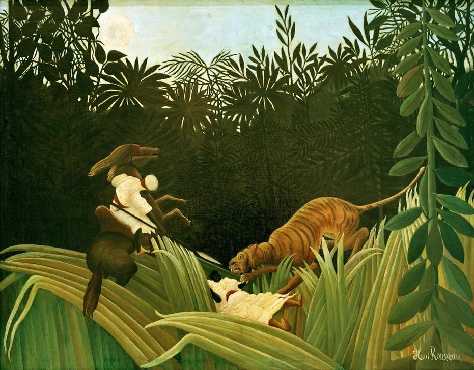 Henri Rousseau, Eclaireurs attaques par un tigre (Dschungel, Bäume, Tiger, Raubkatze,Jäger, Pferd, Jagd, Speer, Beute, magischer Realismus, Wunschgröße, Wohnzimmer, Treppenhaus, Malerei, klassische Moderne, bunt)