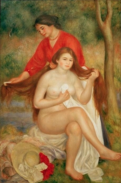 Pierre-Auguste Renoir, La toilette (Körperpflege,Bad Im Freien,Bad,Dienstboten,Frau,Haarpflege,Maler (Künstler),Impressionismus,Akt,Französische Kunst,Zofe,Handtuch,Langes Haar,Sitzen,Jahrhundertwende,Mittelscheitel,Kammerjungfer,Badetuch,Braune Haare,Haarekämmen)