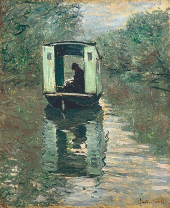 Claude Monet, Le bateauatelier (Atelier,Boot,Freilichtmalerei,Künstlerleben,Maler (Künstler),Szene,Impressionismus,Selbstbildnis,Künstler Bei Der Arbeit,Französische Kunst,Atelierboot,Person,Schifffahrt)