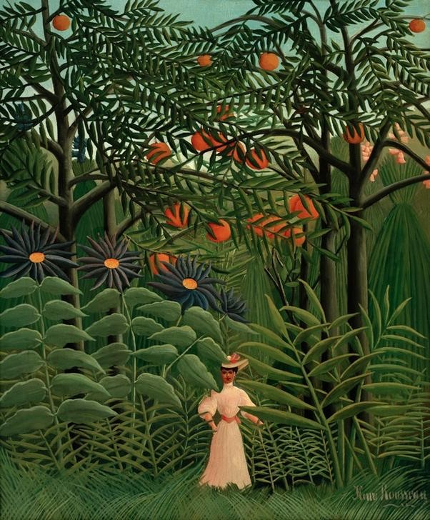 Henri Rousseau, Femme se promenant dans un foret exotique (Frau,Freizeit,Spaziergang,Urwald,Wald,Reise,Naive Malerei,Französische Kunst,Naturverbundenheit)