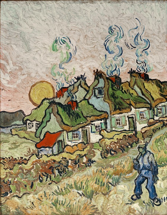 Vincent van Gogh, Bauernhäuser bei Sonnenuntergang (Bauernhof,Dorf,Sonnenuntergang,Sonne,Tageszeiten,Abend,Expressionismus,Niederländische Kunst,Landwirtschaft)